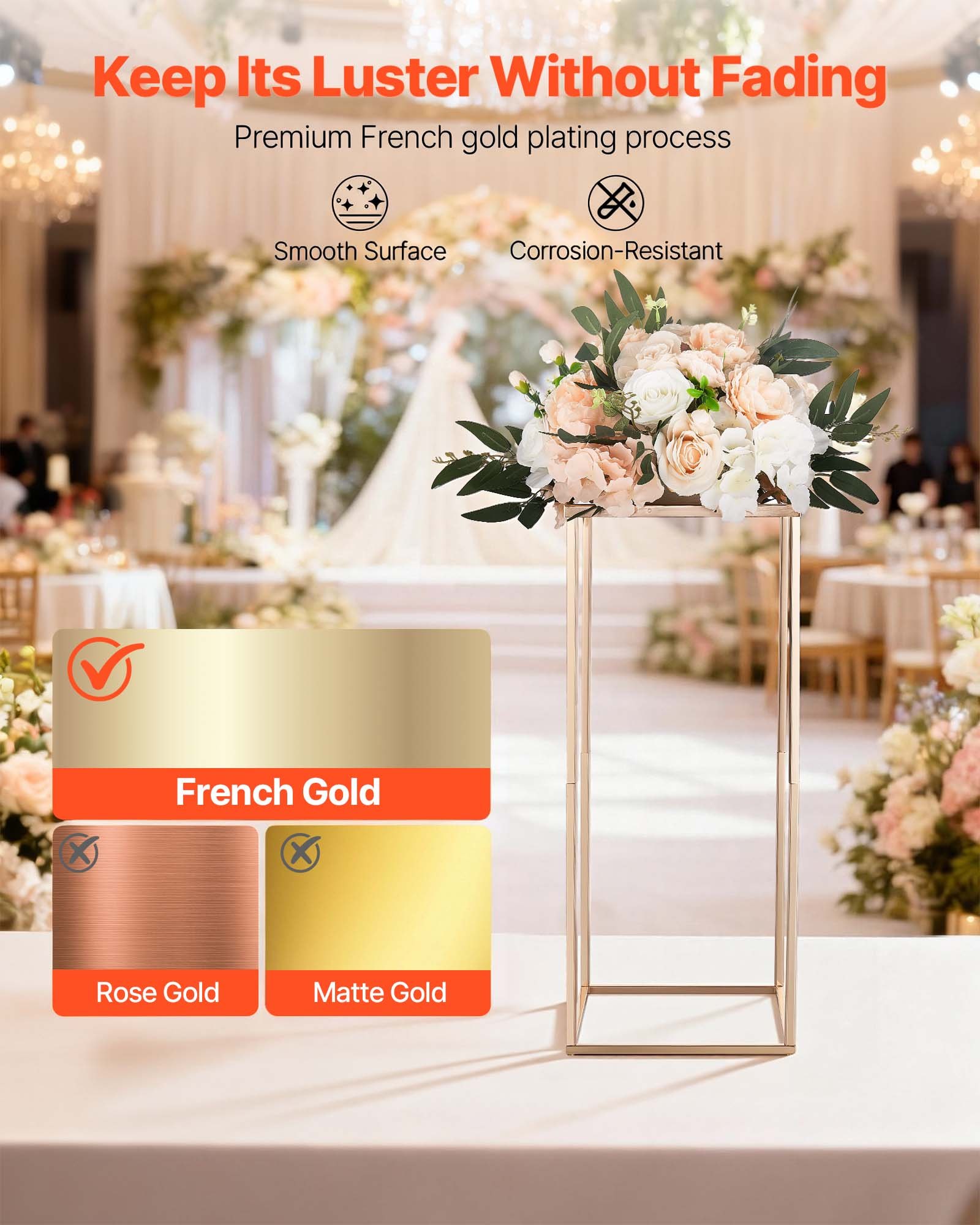VEVOR Wedding Flower Stand, 10PCS 60cm Column Flower Stand, Floral Stands with Metal Laminate, Rectangular Floral Display Rack for Wedding, Party, Birthday, Home, French Gold Centerpiece Stands