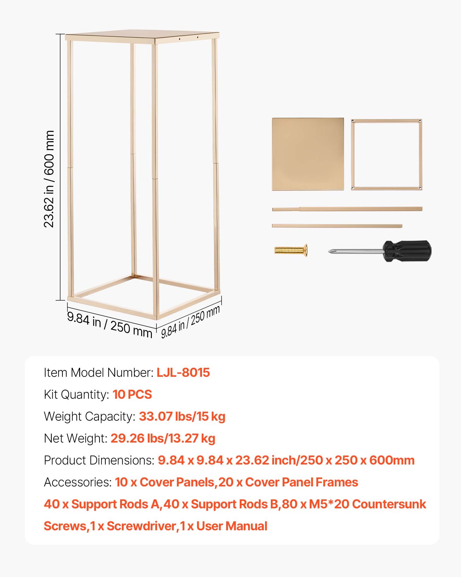 VEVOR Wedding Flower Stand, 10PCS 60cm Column Flower Stand, Floral Stands with Metal Laminate, Rectangular Floral Display Rack for Wedding, Party, Birthday, Home, French Gold Centerpiece Stands