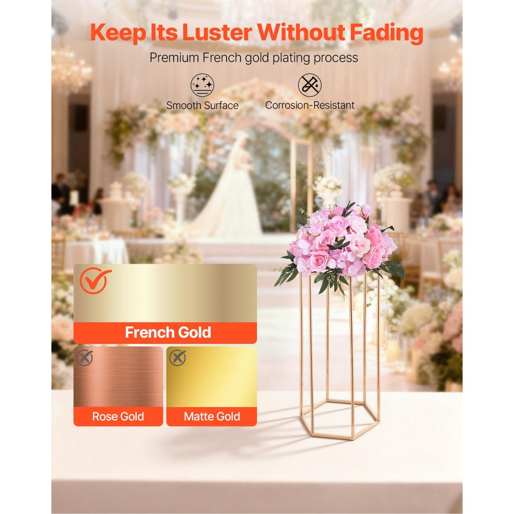 VEVOR Wedding Flower Stand, 10PCS 60cm Column Flower Stand, Floral Stands with Acrylic Laminate, Hexagonal Cubic Floral Display Rack for Wedding, Party, Birthday, Home, Gold Centerpiece Stands