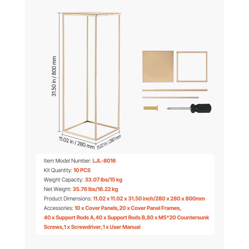VEVOR Wedding Flower Stand, 10PCS 80cm Column Flower Stand, Floral Stands with Metal Laminate, Gold Rectangular Floral Display Rack for Wedding, Party, Birthday, Home,  Gold Centerpiece Stands