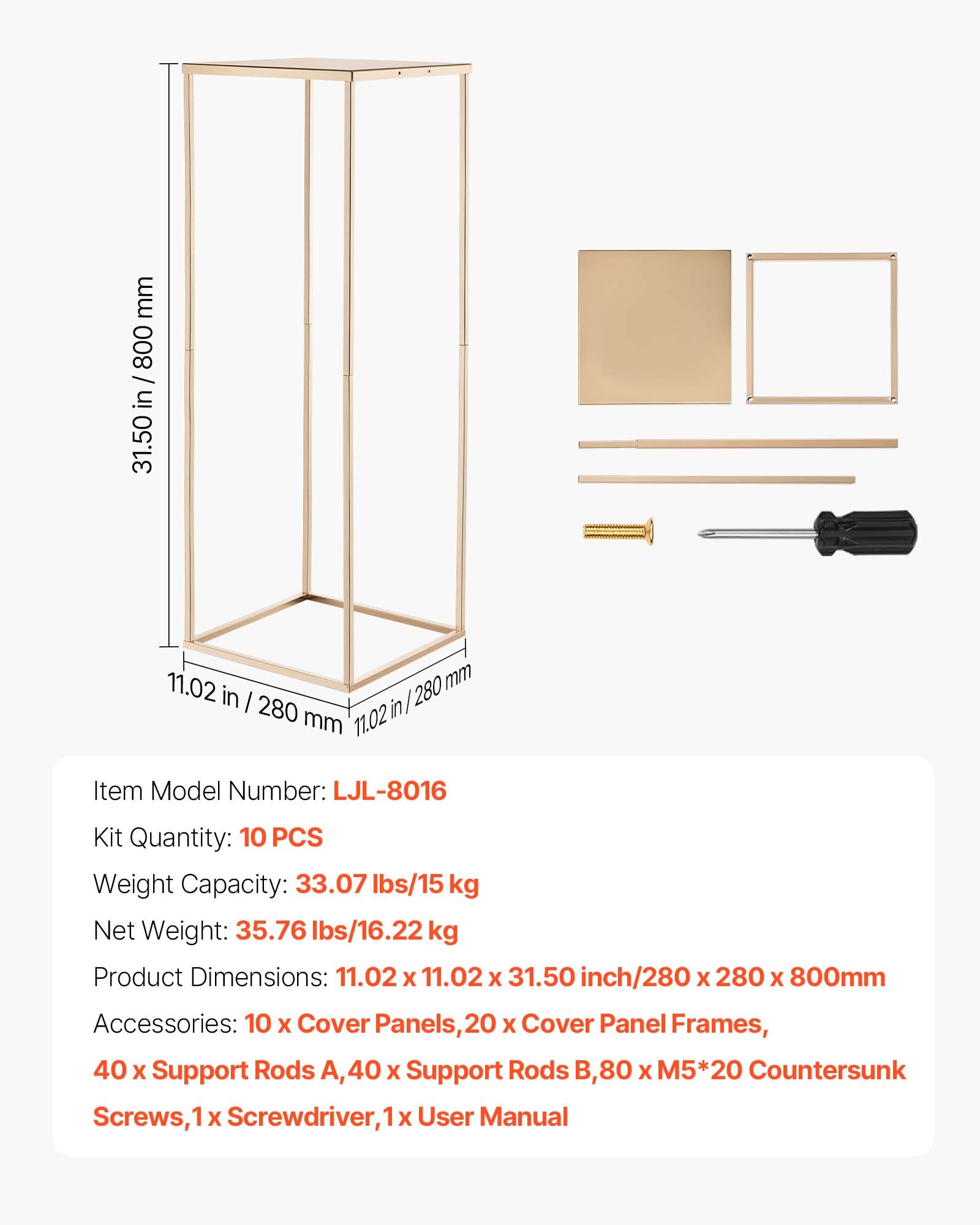 VEVOR Wedding Flower Stand, 10PCS 80cm Column Flower Stand, Floral Stands with Metal Laminate, Gold Rectangular Floral Display Rack for Wedding, Party, Birthday, Home,  Gold Centerpiece Stands