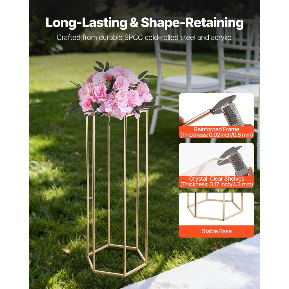 VEVOR Wedding Flower Stand, 10PCS 80cm Column Flower Stand, Floral Stands with Acrylic Laminate, Hexagonal Cubic Floral Display Rack for Wedding, Party, Birthday, Home, Gold Centerpiece Stands