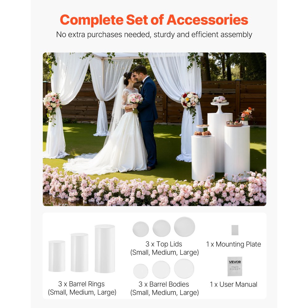 VEVOR Wedding Flower Stand, 3PCS 60/75/90cm Round Cylinder Plinth, White Pedestal Stand with PVC Lid, Cylindrical Pedestal Stands for Wedding, Party, Birthday, Art Decor, 15kg Load