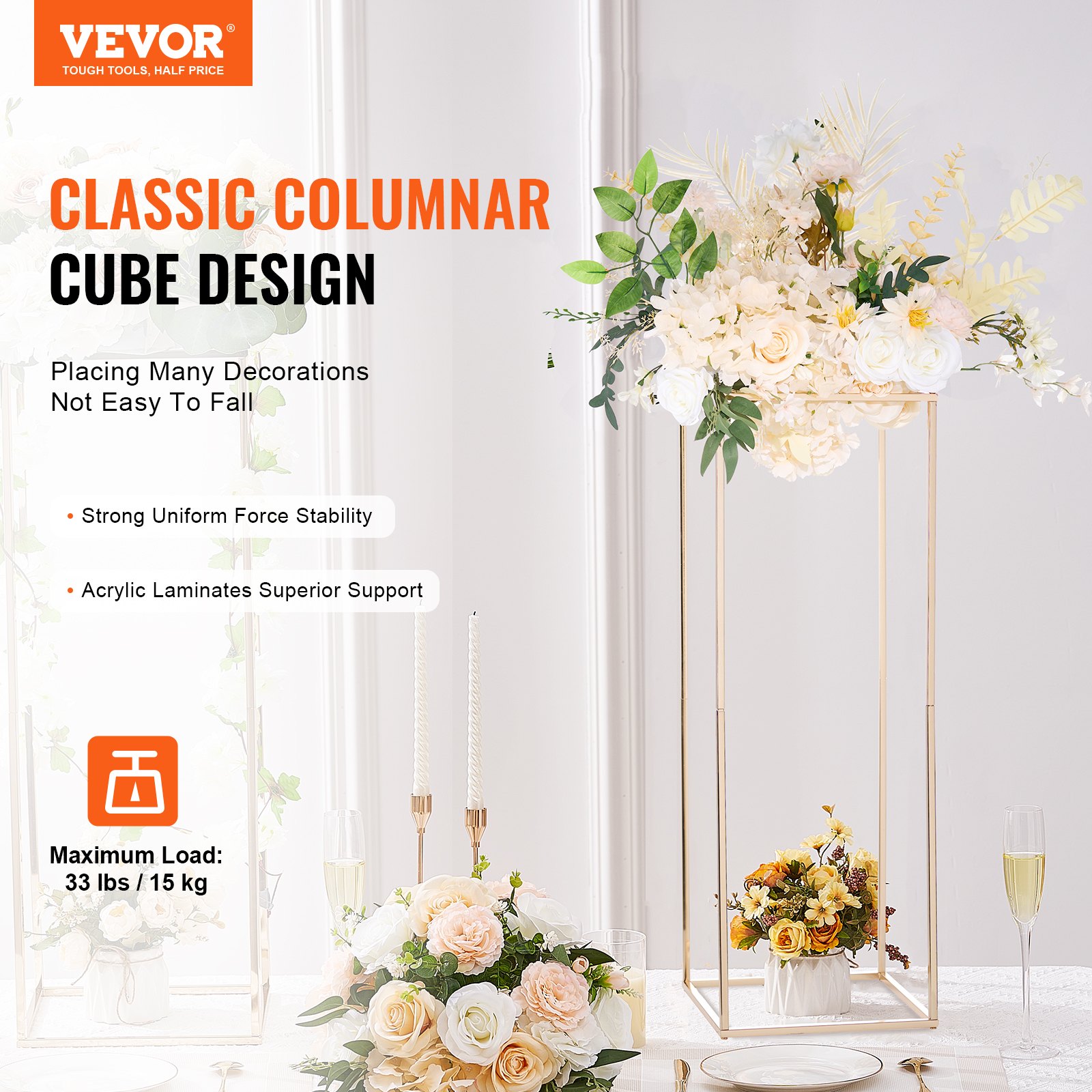 VEVOR 2PCS 31.5inch/80cm High Wedding Flower Stand, Metal Vase Column Geometric Centerpiece Stands, Gold Rectangular Floral Display Rack for T-Stage Events Reception, Party Decoration Home
