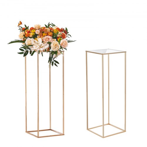 VEVOR 2PCS 31.5inch/80cm High Wedding Flower Stand, With Acrylic Laminate,Metal Vase Column Geometric Centerpiece Stands, Gold Rectangular Floral Display Rack for Events Reception, Party Decoration