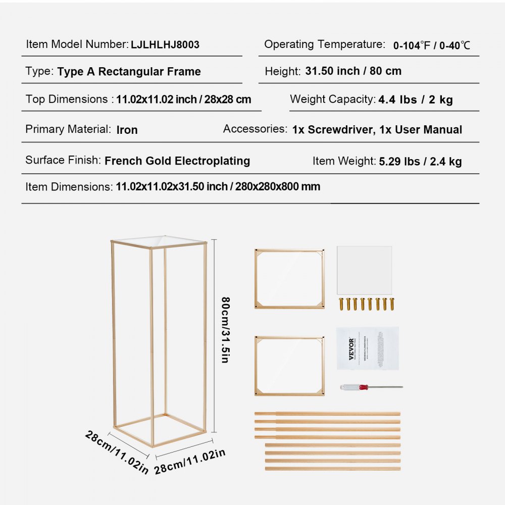 VEVOR 2 ks 31,5 palce/80 cm vysoký svatební květinový stojan, s akrylovým laminátem, kovový sloup s geometrickým středovým dekorem, zlatý obdélníkový květinový stojan pro akce, recepci, párty dekorace