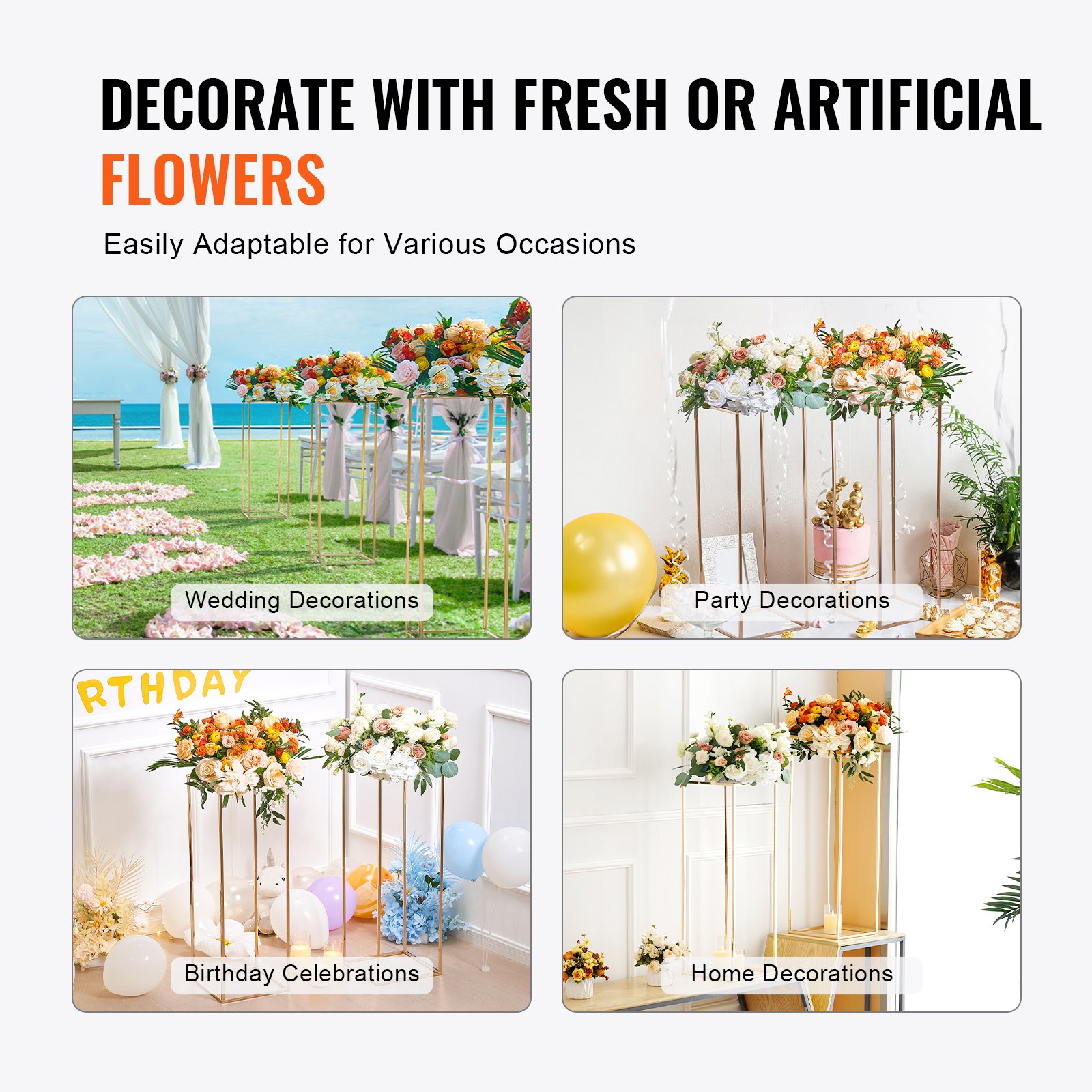 versatile VEVOR wedding flower stand for weddings, parties, birthdays, and home decor with floral arrangements.