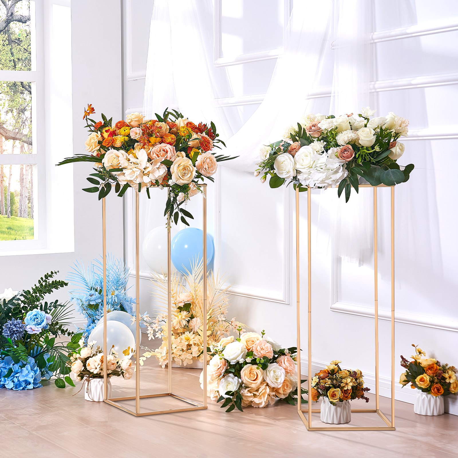 tall VEVOR wedding flower stand with elegant arrangements of roses and greenery, enhancing wedding decor.