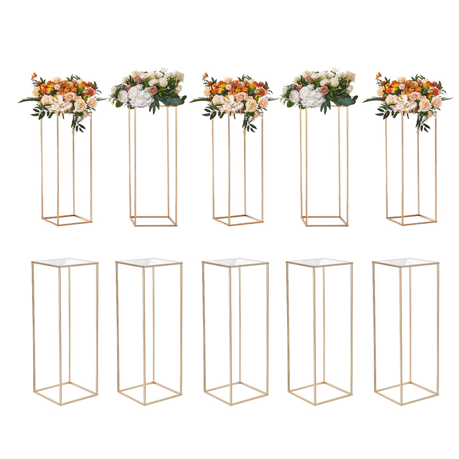 VEVOR wedding flower stand, gold stands elegantly displaying floral arrangements in a symmetrical setup.