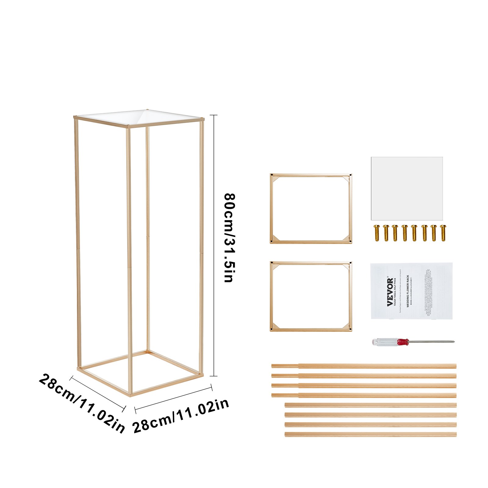 VEVOR wedding flower stand kit with gold metal frame, screws, assembly instructions, and screwdriver.