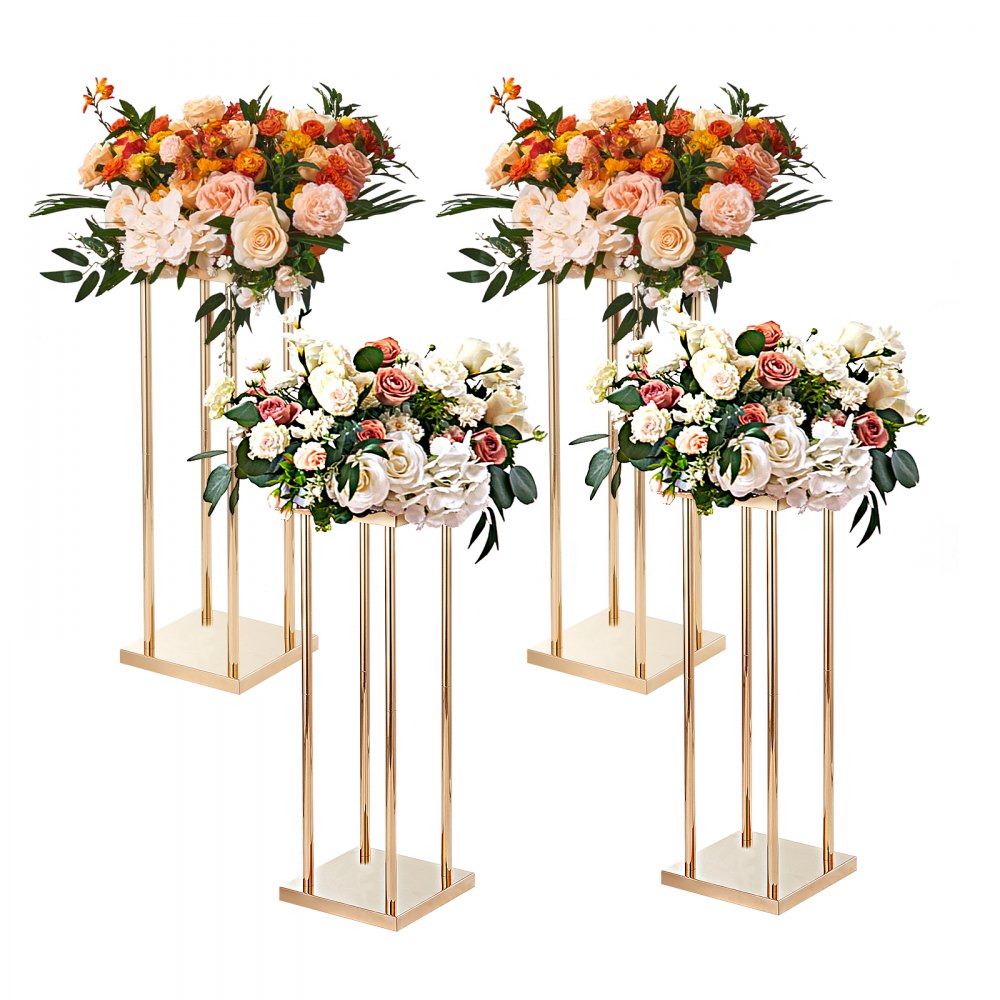 VEVOR 4 soportes para flores de boda con columna de metal dorado, 31.5 pulgadas de alto con laminado de metal, soportes de centro de mesa geométricos para jarrones, estante de exhibición floral cilíndrico para eventos, recepción, caminos para fiestas