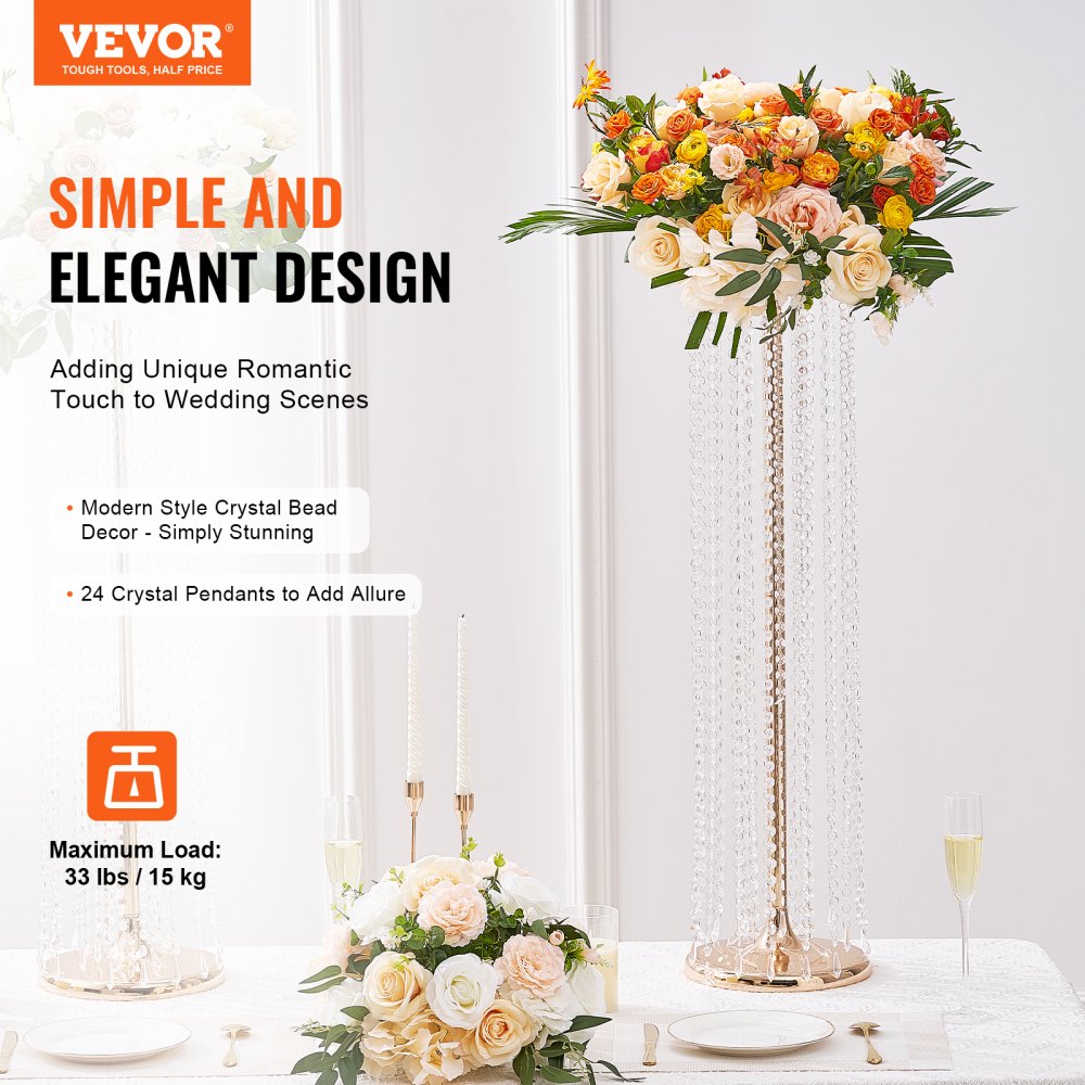 VEVOR 4PCS 35.43inch /90cm Tall Crystal Wedding Flowers Stand, Luxurious Centerpieces Flower Vases Crystal Gold Vase Metal, Perfect for T-stage Wedding Party Ceremony Dinner Event Hotel Home Decor