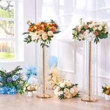 VEVOR 4 bucăți 35,43 inch / 90 cm înălțime suport de flori de nuntă de cristal, centre de piese luxoase vaze de flori vază de cristal auriu din metal, perfect pentru petrecerea de nuntă în T-stage, ceremonie, cină, eveniment, hotel, decor acasă