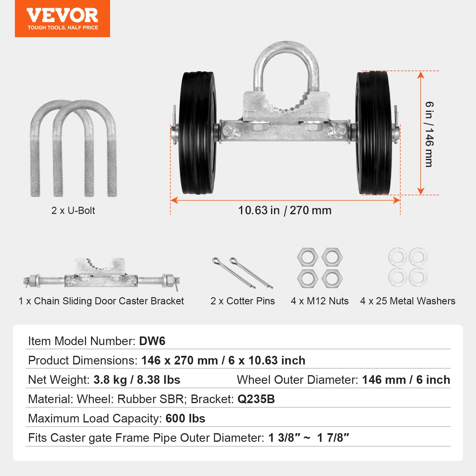 Kit de Portão de Correr VEVOR, Kit de Ferragens para Portão de Rolar de 6”, Rodas de Trilho com Roletes Universais Ajustáveis para Portão de Correr, Rolo Guia de Portão de Correr Reforçado para Portões de Correr e Porta de Rolar, Carga de 600 lbs, Preto