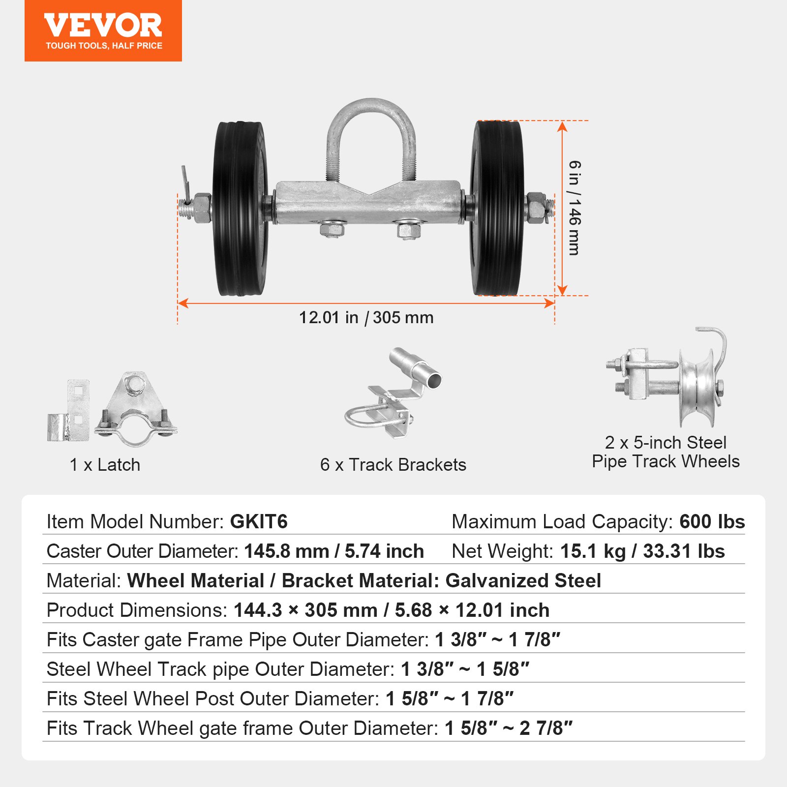 VEVOR Sliding Gate Kit, 6” Rolling Gate Hardware Kit C-type, Wheel Carrier with Two 6" Wheels Support, Heavy Duty Sliding Gate Rollers for Connect Tracks Door Frames,Sliding Gate Guide Roller,600 lbs