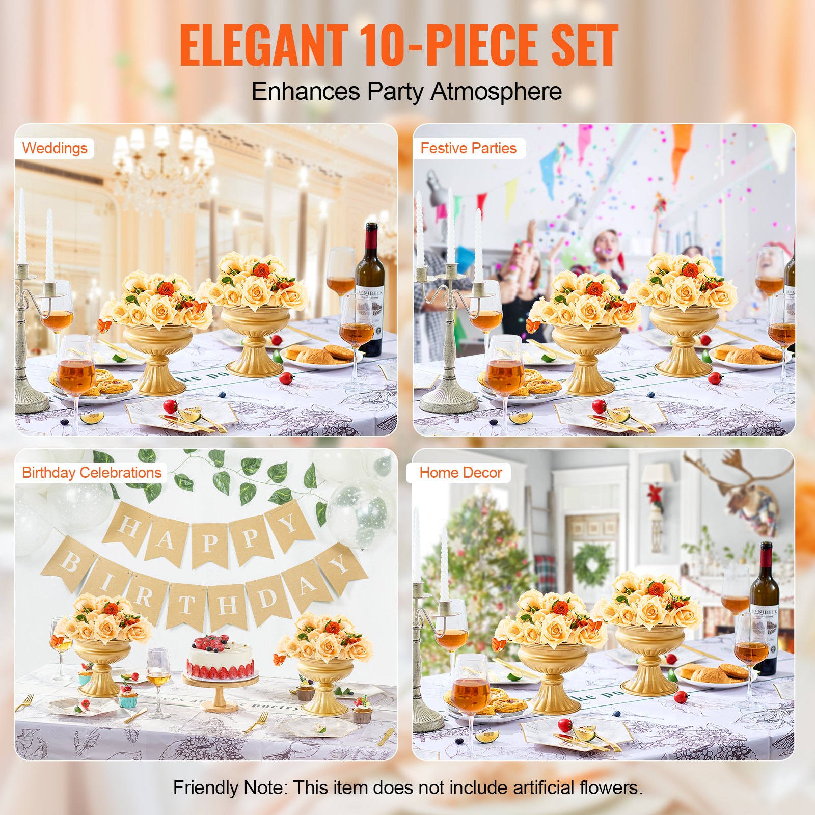 VEVOR 10PCS 16cm/6.3” Tall Wedding Flower Vase, Metal Wedding Centerpiece, Gold Floral Arrangement Stand Display Rack for Tables Wedding Dinner Party, Anniversary Ceremony Birthday Event Decor