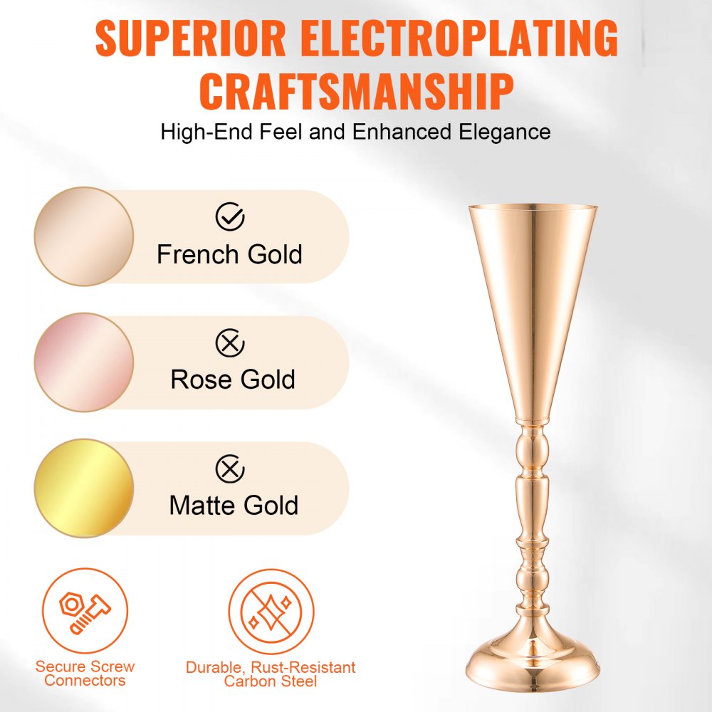 VEVOR 10PCS 43cm/16.9” Tall Wedding Flower Vase, Metal Wedding Trumpet Centerpiece, Gold Floral Stand Display Rack for Tables Wedding Dinner Party, Anniversary Ceremony Birthday Event Decor