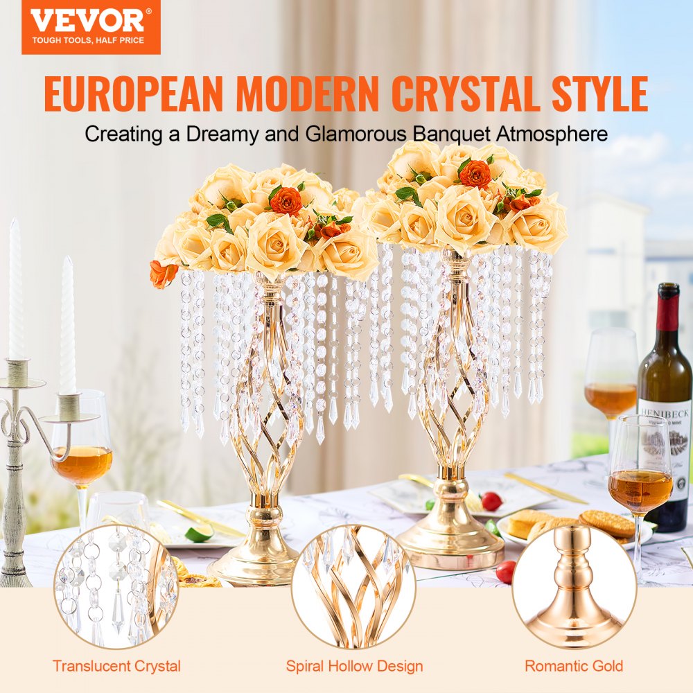 VEVOR 20PCS 43cm/16.9” Tall Crystal Wedding Flower Stand, Metal Wedding Centerpiece Vase, Gold Flower Holders Floral Display Rack for Tables Wedding Dinner Party, Ceremony Birthday Event Decor