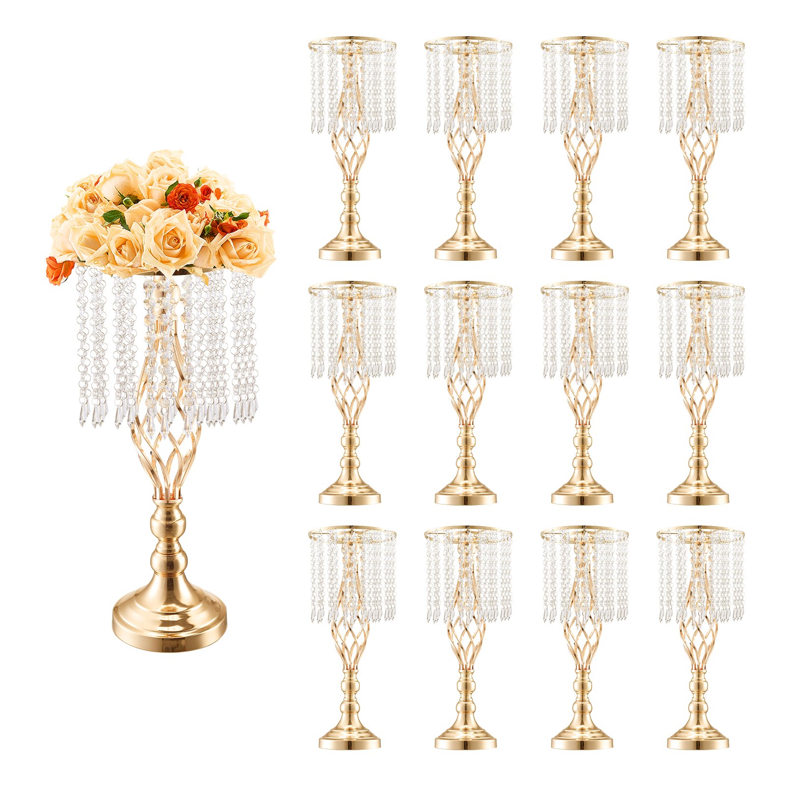 VEVOR 12PCS 49cm/19.3” Tall Crystal Wedding Flower Stand, Metal Wedding Centerpiece Vase, Gold Flower Holders Floral Display Rack for Tables Wedding Dinner Party, Ceremony Birthday Event Decor