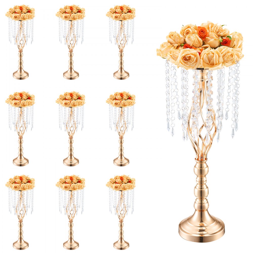 VEVOR 10PCS 55cm/21.65” Tall Crystal Wedding Flower Stand, Metal Wedding Centerpiece Vase, Gold Flower Holders Floral Display Rack for Tables Wedding Dinner Party, Ceremony Birthday Event Decor