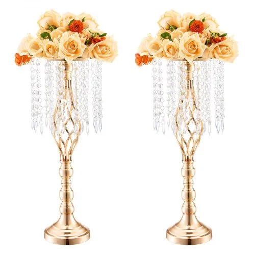 VEVOR 2PCS 55cm/21.65” Tall Crystal Wedding Flower Stand, Metal Wedding Centerpiece Vase, Gold Flower Holders Floral Display Rack for Tables Wedding Dinner Party, Ceremony Birthday Event Decor