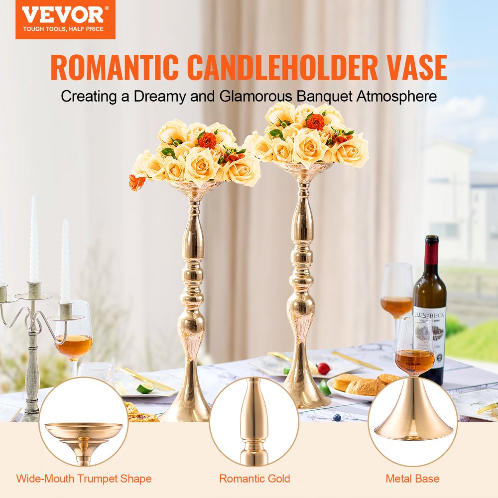 VEVOR 24PCS 50cm/19.7” Tall Wedding Flower Vase, Metal Wedding Centerpiece, Gold Floral Arrangement Stand Display Rack for Tables Wedding Dinner Party, Anniversary Ceremony Birthday Event Decor