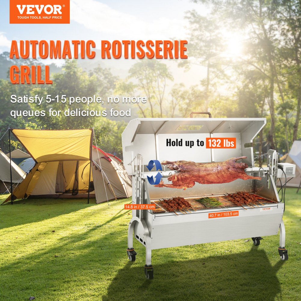VEVOR Stainless Steel Rotisserie Grill with Hooded Cover, BBQ Whole Pig Lamb Goat Charcoal Spit Grill, Electric 50W Motor BBQ Hog Rotisserie Roaster, 46 Inch 132Lbs Capacity Lamb Rotisserie System