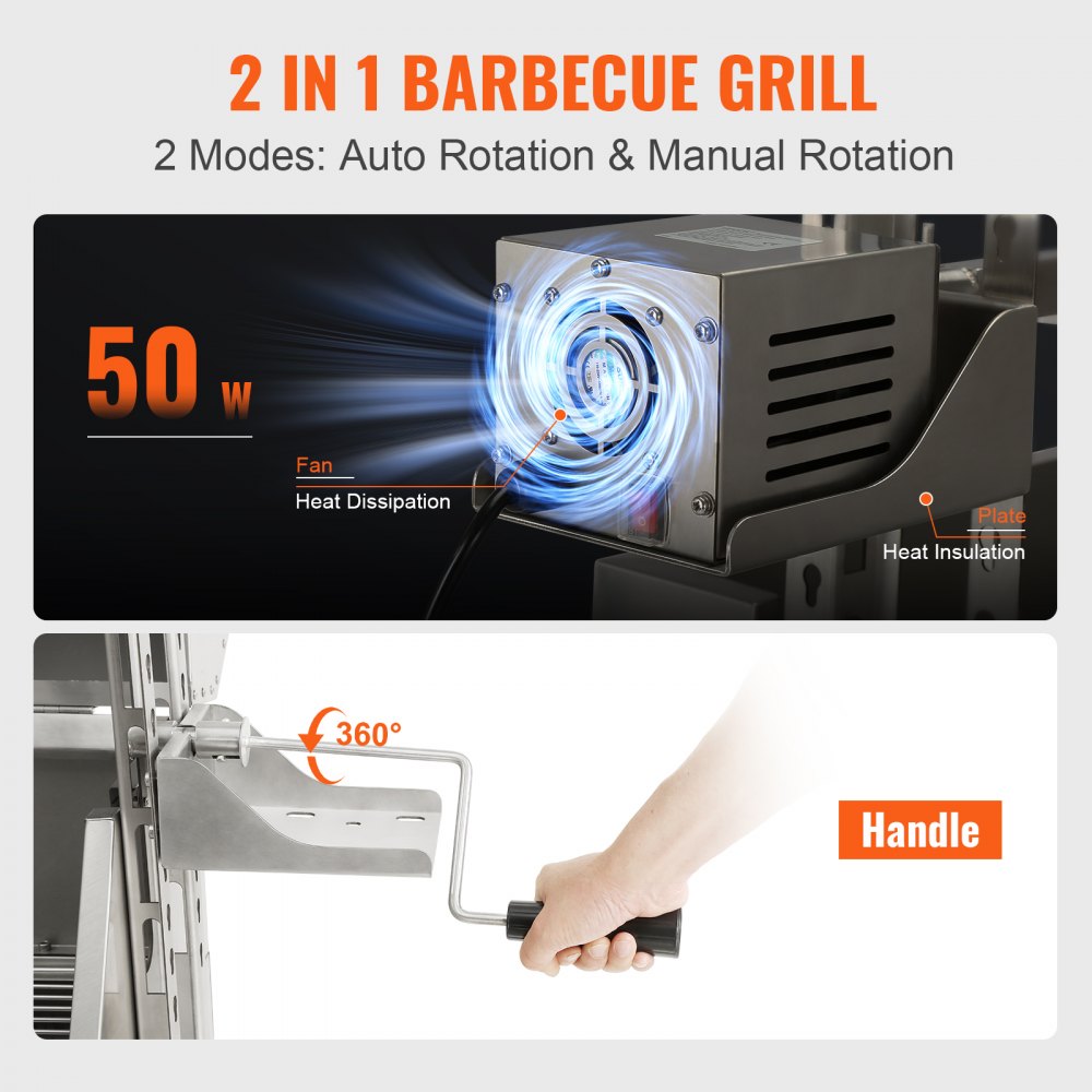 VEVOR Stainless Steel Rotisserie Grill with Hooded Cover, BBQ Whole Pig Lamb Goat Charcoal Spit Grill, Electric 50W Motor BBQ Hog Rotisserie Roaster, 46 Inch 132Lbs Capacity Lamb Rotisserie System