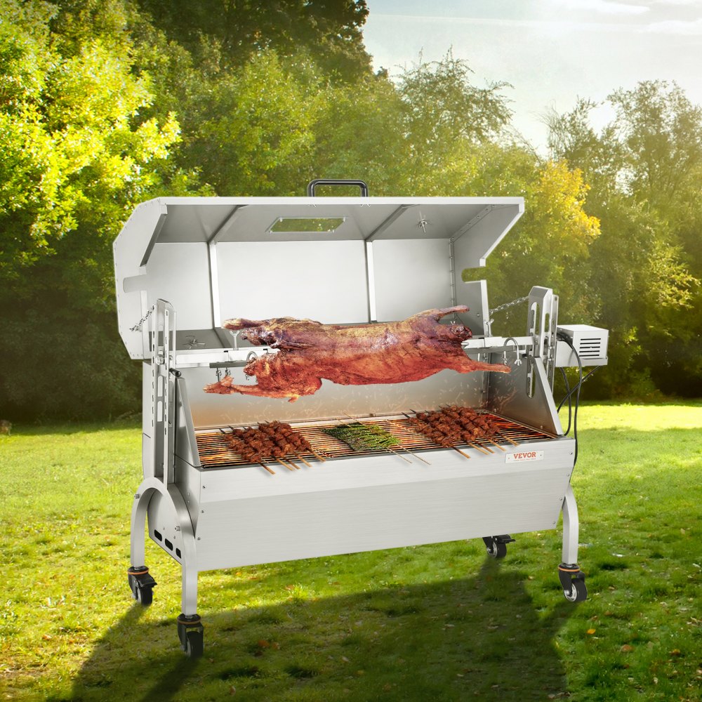 VEVOR Stainless Steel Rotisserie Grill with Hooded Cover, BBQ Whole Pig Lamb Goat Charcoal Spit Grill, Electric 50W Motor BBQ Hog Rotisserie Roaster, 46 Inch 132Lbs Capacity Lamb Rotisserie System