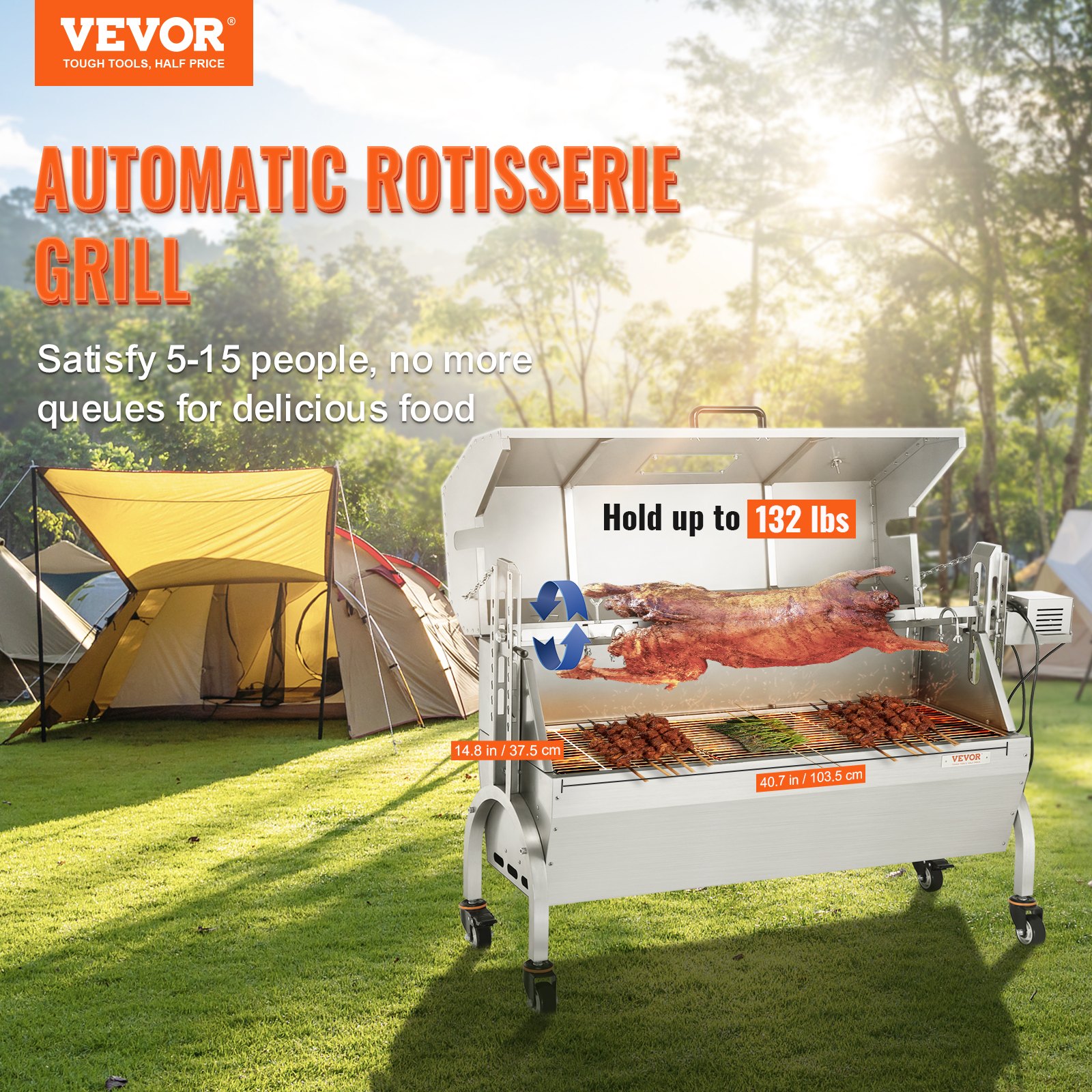 VEVOR Stainless Steel Rotisserie Grill with Hooded Cover, BBQ Whole Pig Lamb Goat Charcoal Spit Grill, Electric 50W Motor BBQ Hog Rotisserie Roaster, 46 Inch 132Lbs Capacity Lamb Rotisserie System