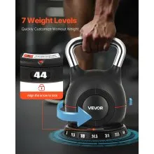 VEVOR Kettlebell, Adjustable Kettlebell with 7 Weight Levels (5, 11.5, 18, 24.5, 31, 37.5, 44 lbs), Die-Cast Aluminum and ABS Material, for Grip Strength Training, Full-body Workout & Cross-Training
