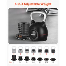 VEVOR Kettlebell, Adjustable Kettlebell with 7 Weight Levels (5, 11.5, 18, 24.5, 31, 37.5, 44 lbs), Die-Cast Aluminum and ABS Material, for Grip Strength Training, Full-body Workout & Cross-Training