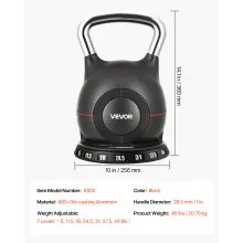 VEVOR Kettlebell, Adjustable Kettlebell with 7 Weight Levels (5, 11.5, 18, 24.5, 31, 37.5, 44 lbs), Die-Cast Aluminum and ABS Material, for Grip Strength Training, Full-body Workout & Cross-Training