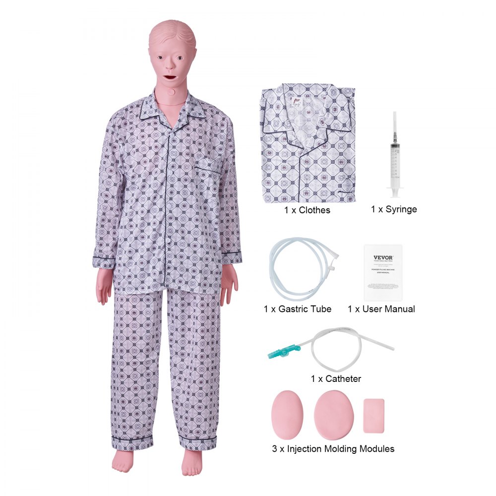 VEVOR nursing training manikin with clothes, syringe, gastric tube, user manual, catheter, and injection modules.