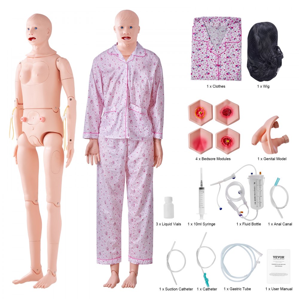 VEVOR sykepleieropplæringsdukke, mannlig/kvinnelig demonstrasjon i naturlig størrelse Menneskelig dukke for sykepleieopplæring, multifunksjonell utdanningsopplæringsmodell, PVC-anatomisk mannekeng kroppspleiesimulatormodell