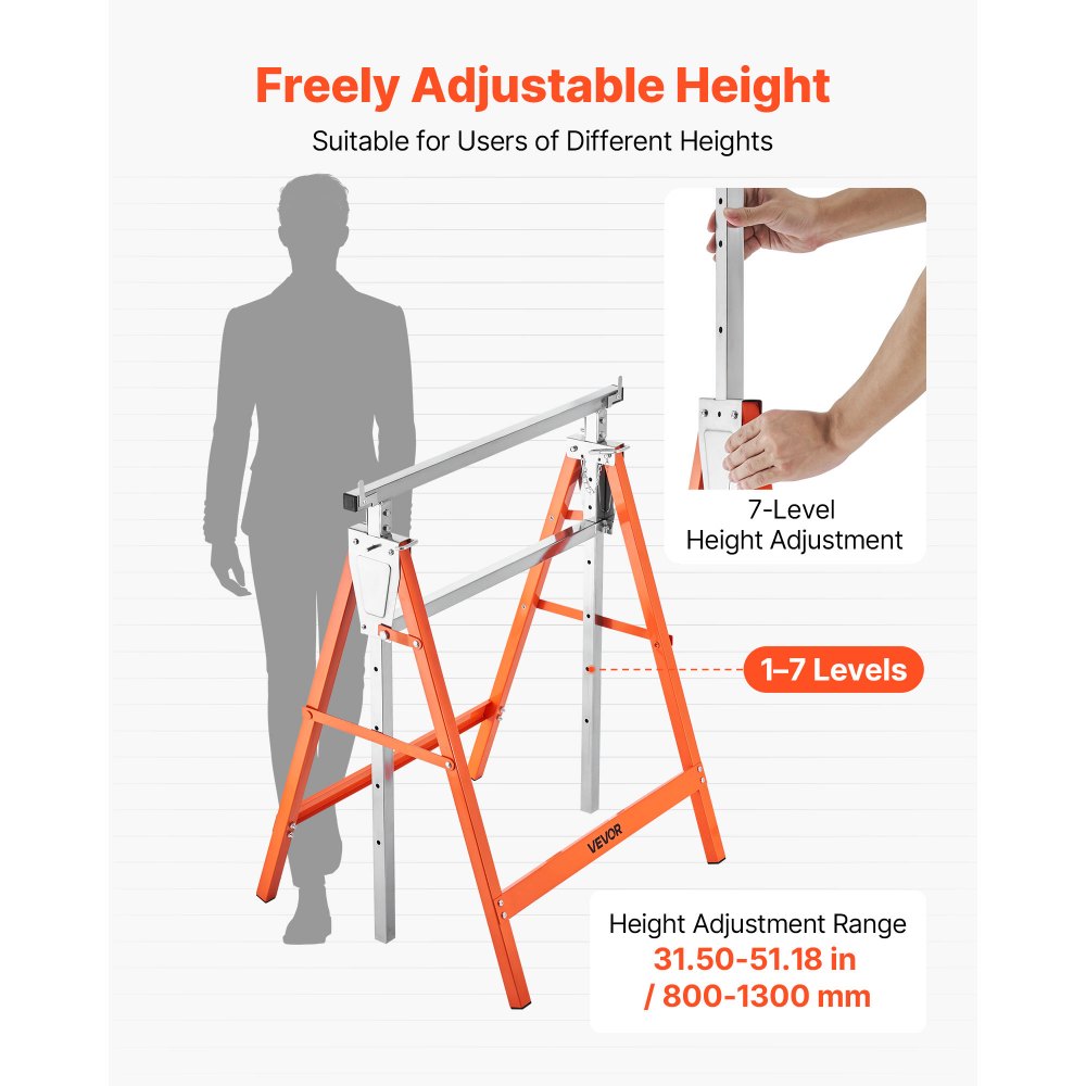 VEVOR Saw Horses, 2 Pack Folding Work Horses, 199.6 kg Load Capacity Sawhorse with Heavy Duty Legs, Adjustable Height Saw Horse with Non-Slip Foot Pads, for Woodworking, Carpenters and Contractors