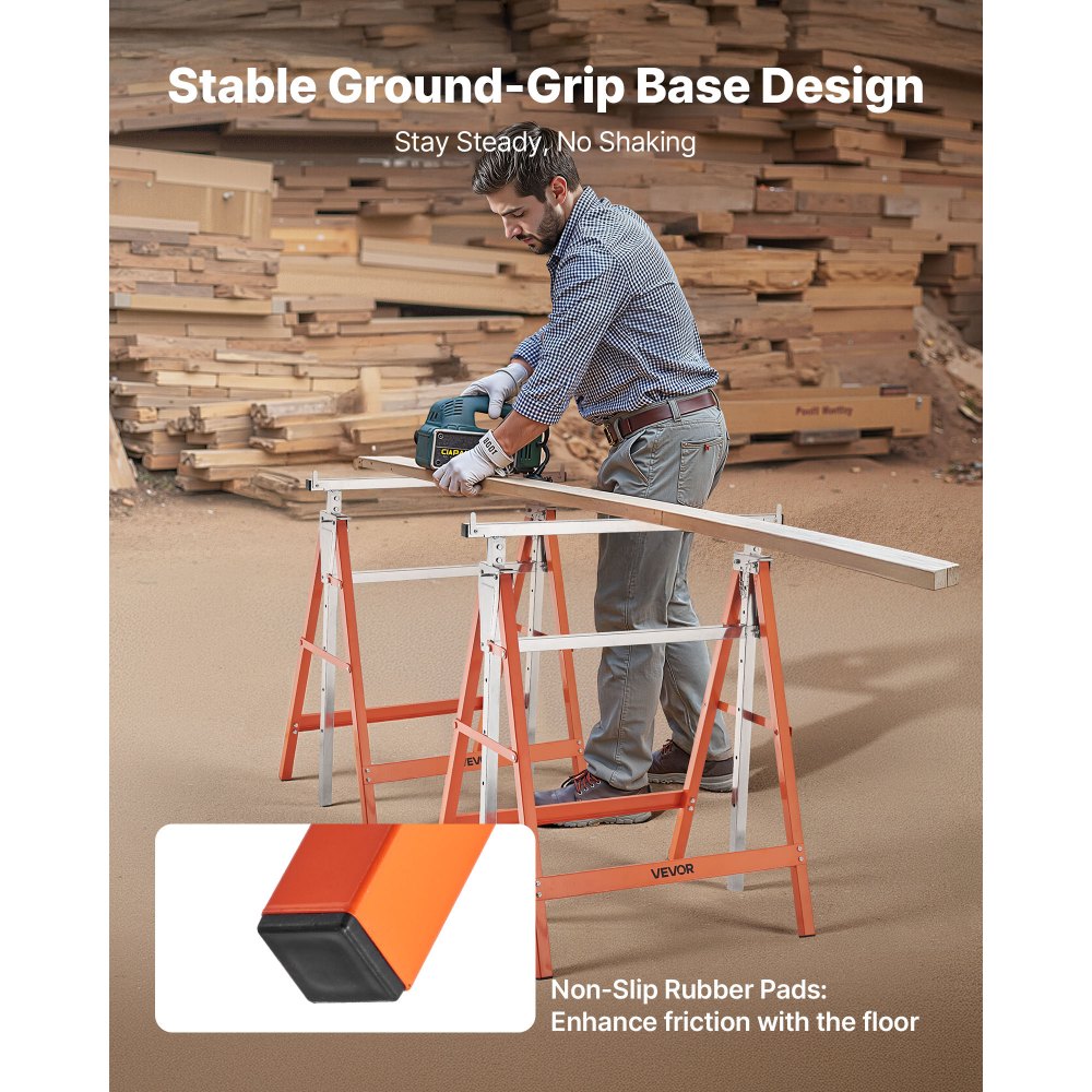 VEVOR Saw Horses, 2 Pack Folding Work Horses, 199.6 kg Load Capacity Sawhorse with Heavy Duty Legs, Adjustable Height Saw Horse with Non-Slip Foot Pads, for Woodworking, Carpenters and Contractors