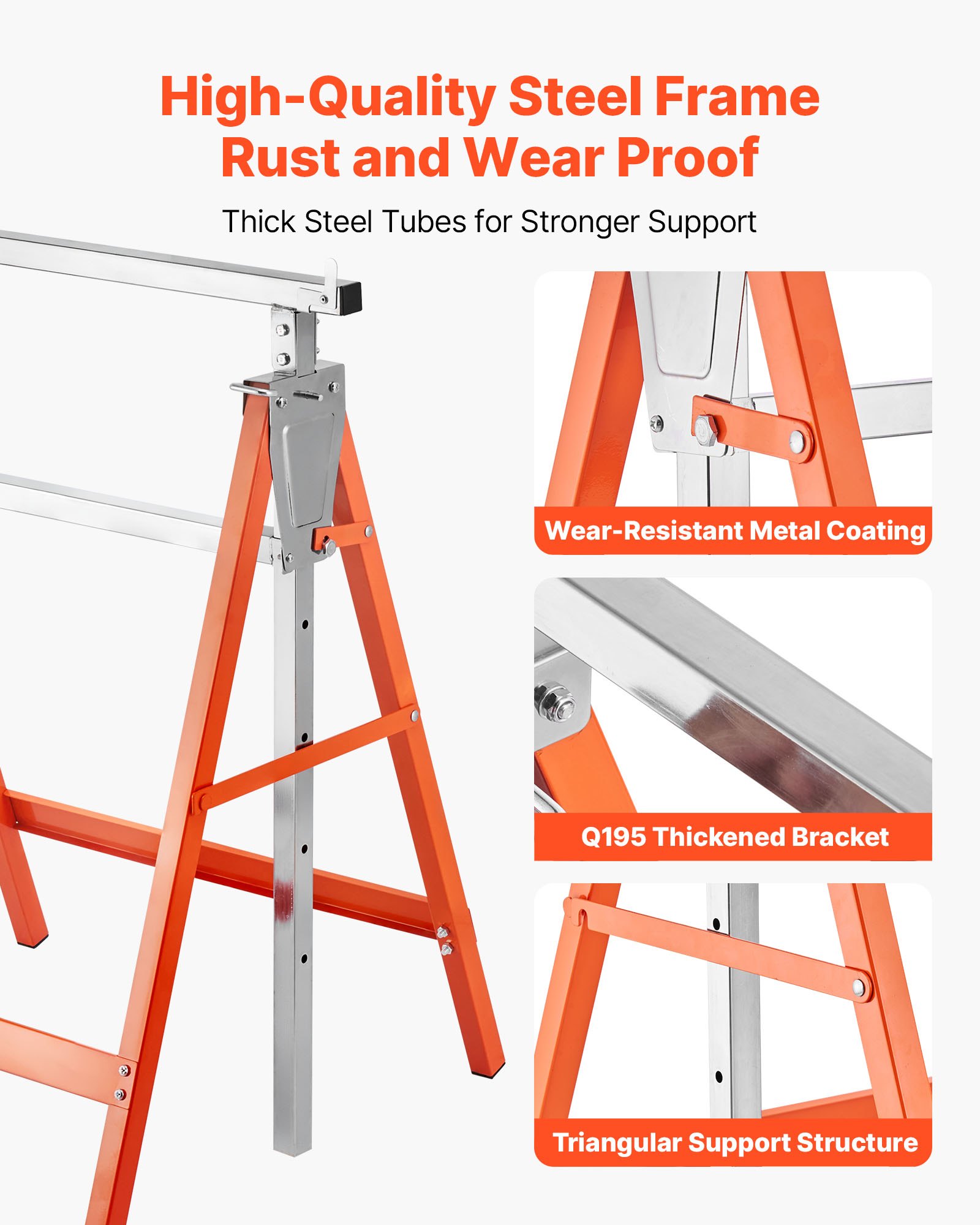 VEVOR Saw Horses, 2 Pack Folding Work Horses, 199.6 kg Load Capacity Sawhorse with Heavy Duty Legs, Adjustable Height Saw Horse with Non-Slip Foot Pads, for Woodworking, Carpenters and Contractors