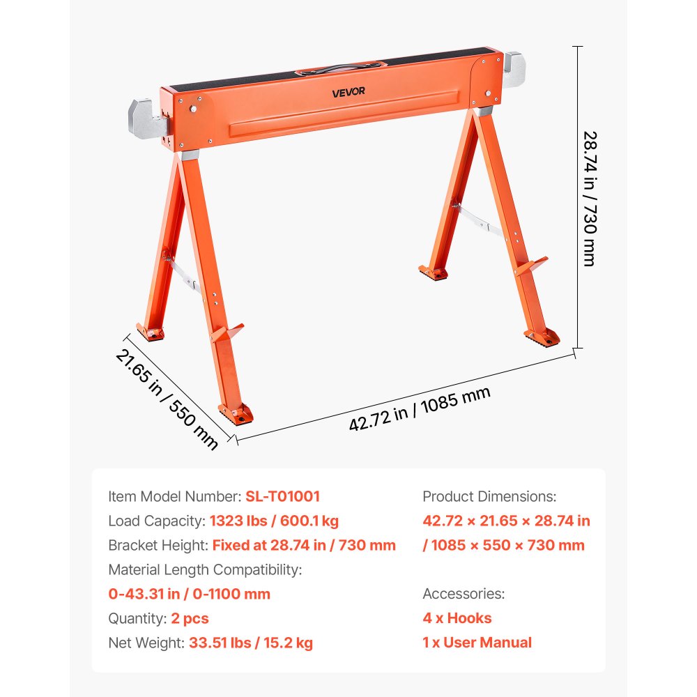 VEVOR Saw Horses, 2 Pack Folding Work Horses, 600.1 kg Load Capacity Sawhorse with Heavy Duty Legs, All-Metal Portable Saw Horse with Non-Slip Foot Pads, for Woodworking, Carpenters & Contractors