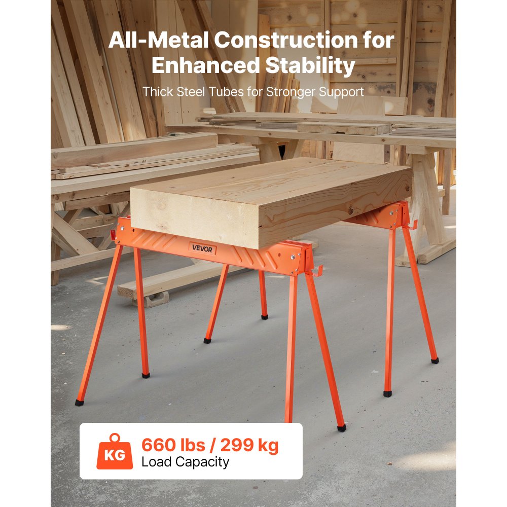 VEVOR Saw Horses, 2 Pack Folding Work Horses, 299.4 kg Load Capacity Sawhorse with Heavy Duty Legs, All-Metal Portable Saw Horse with Non-Slip Foot Pads, for Woodworking, Carpenters & Contractors