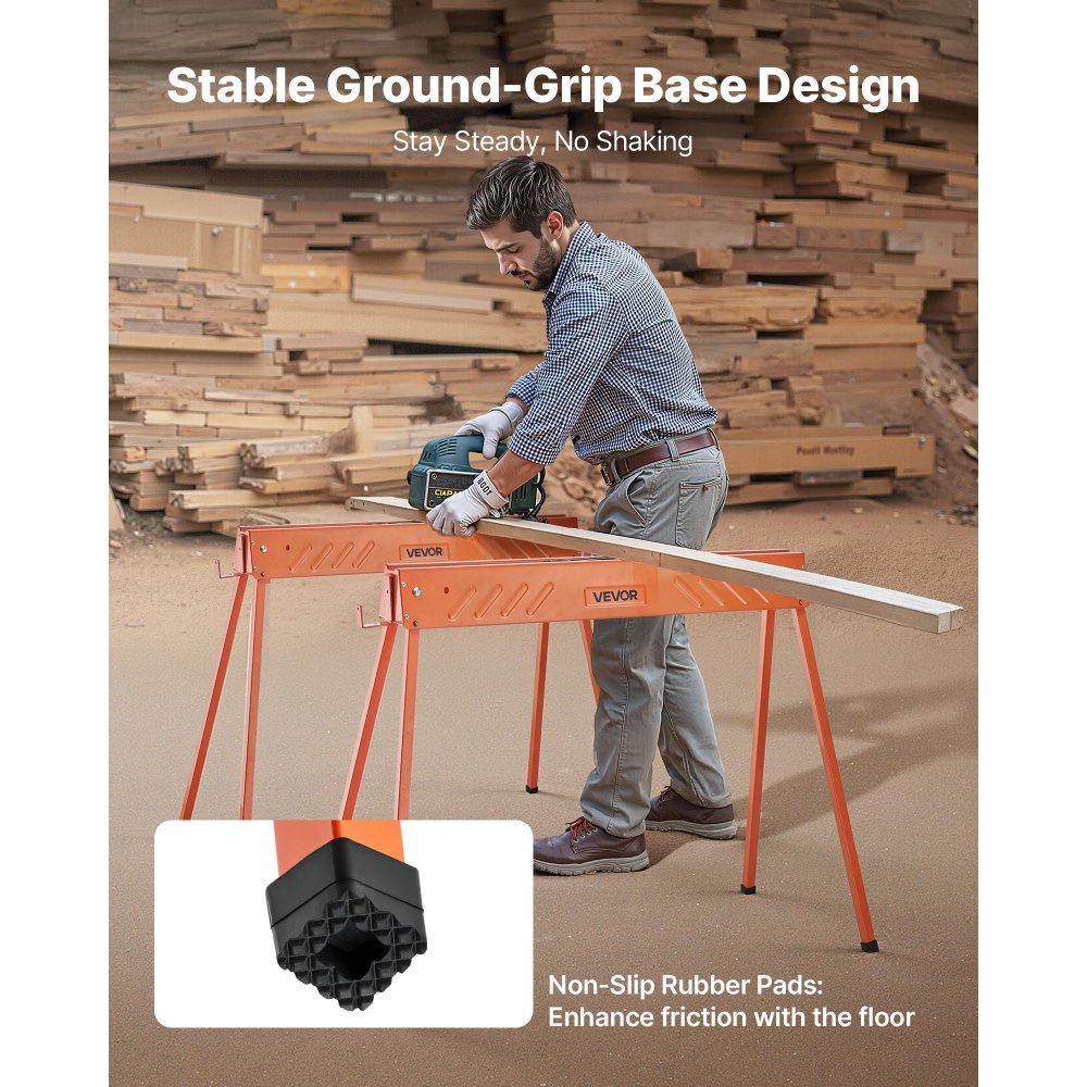 VEVOR Saw Horses, 2 Pack Folding Work Horses, 299.4 kg Load Capacity Sawhorse with Heavy Duty Legs, All-Metal Portable Saw Horse with Non-Slip Foot Pads, for Woodworking, Carpenters & Contractors