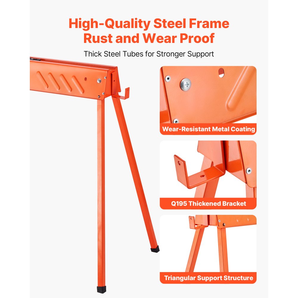 VEVOR Saw Horses, 2 Pack Folding Work Horses, 299.4 kg Load Capacity Sawhorse with Heavy Duty Legs, All-Metal Portable Saw Horse with Non-Slip Foot Pads, for Woodworking, Carpenters & Contractors