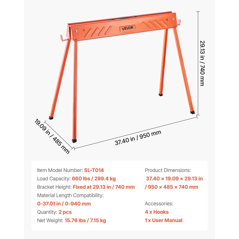 VEVOR Saw Horses, 2 Pack Folding Work Horses, 299.4 kg Load Capacity Sawhorse with Heavy Duty Legs, All-Metal Portable Saw Horse with Non-Slip Foot Pads, for Woodworking, Carpenters & Contractors