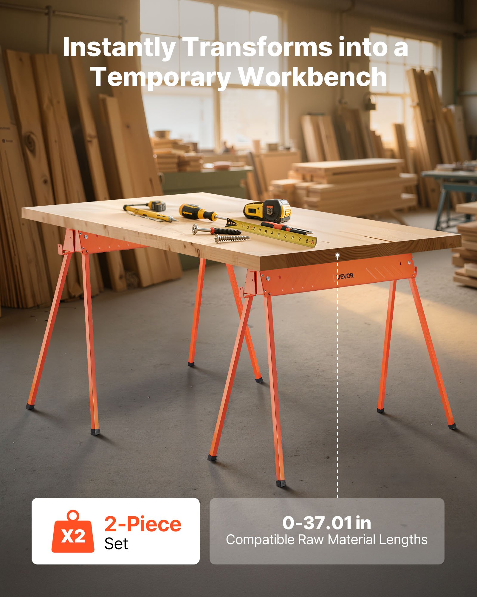 VEVOR Saw Horses, 2 Pack Folding Work Horses, 299.4 kg Load Capacity Sawhorse with Heavy Duty Legs, All-Metal Portable Saw Horse with Non-Slip Foot Pads, for Woodworking, Carpenters & Contractors