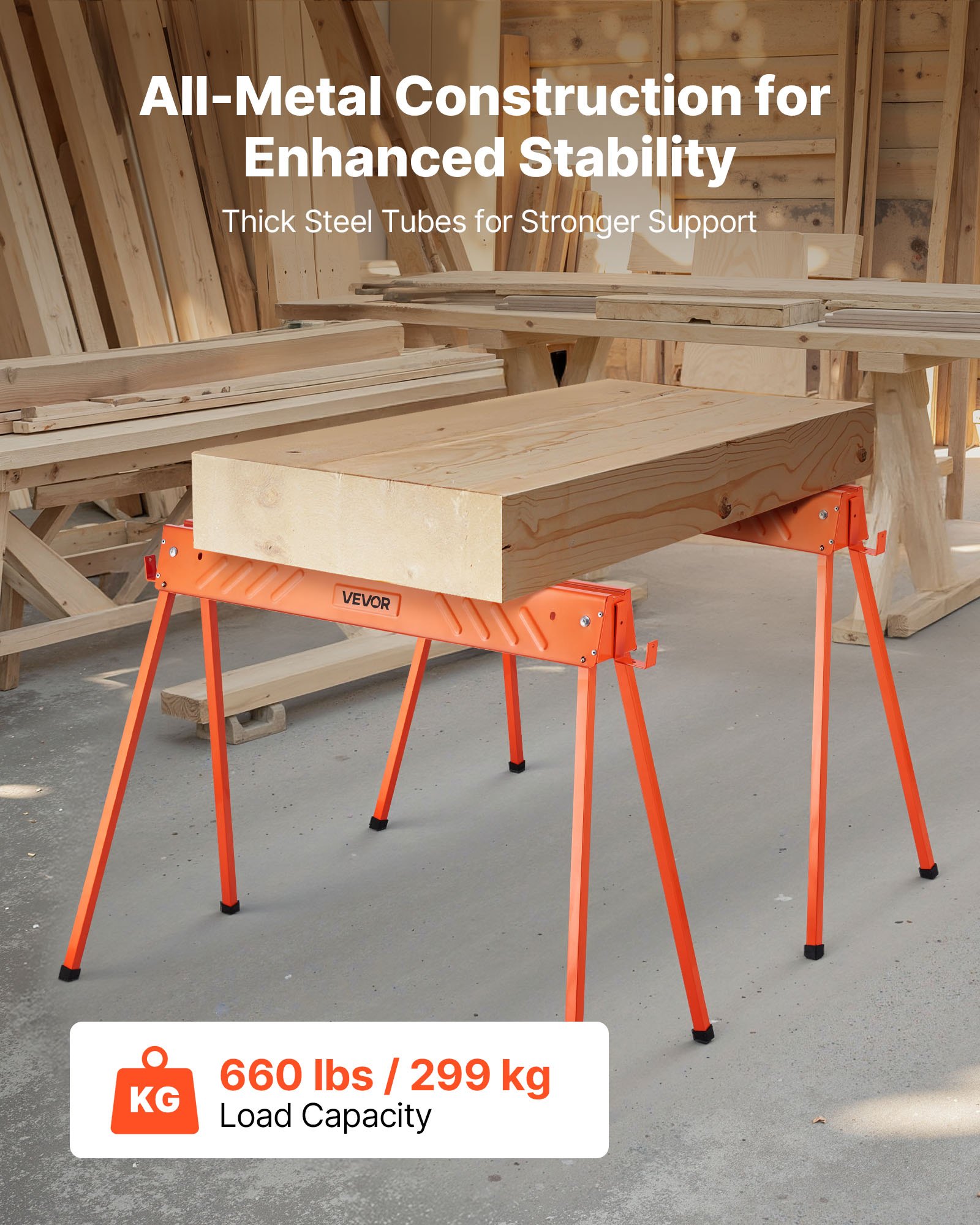 VEVOR Saw Horses, 2 Pack Folding Work Horses, 299.4 kg Load Capacity Sawhorse with Heavy Duty Legs, All-Metal Portable Saw Horse with Non-Slip Foot Pads, for Woodworking, Carpenters & Contractors