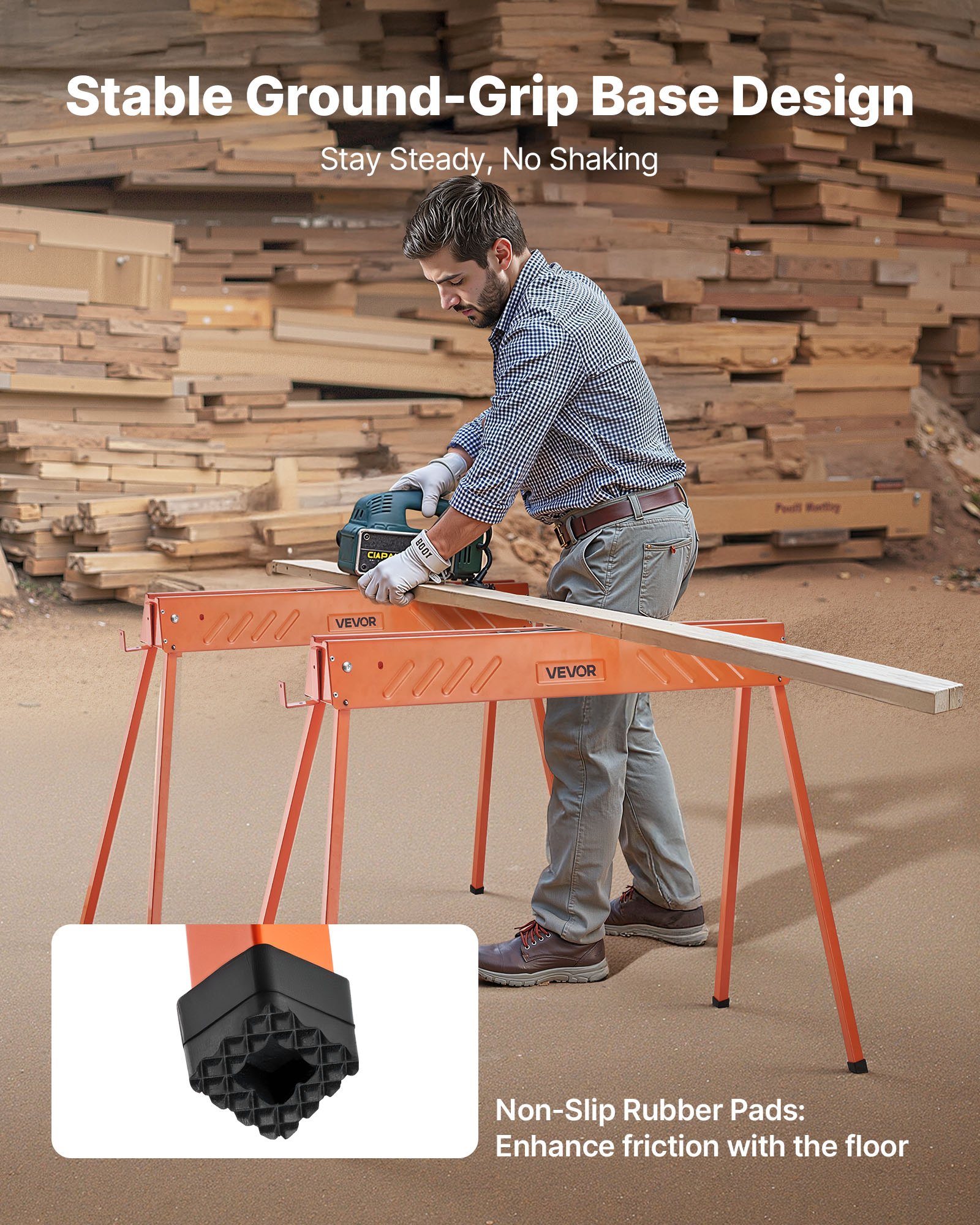 VEVOR Saw Horses, 2 Pack Folding Work Horses, 299.4 kg Load Capacity Sawhorse with Heavy Duty Legs, All-Metal Portable Saw Horse with Non-Slip Foot Pads, for Woodworking, Carpenters & Contractors
