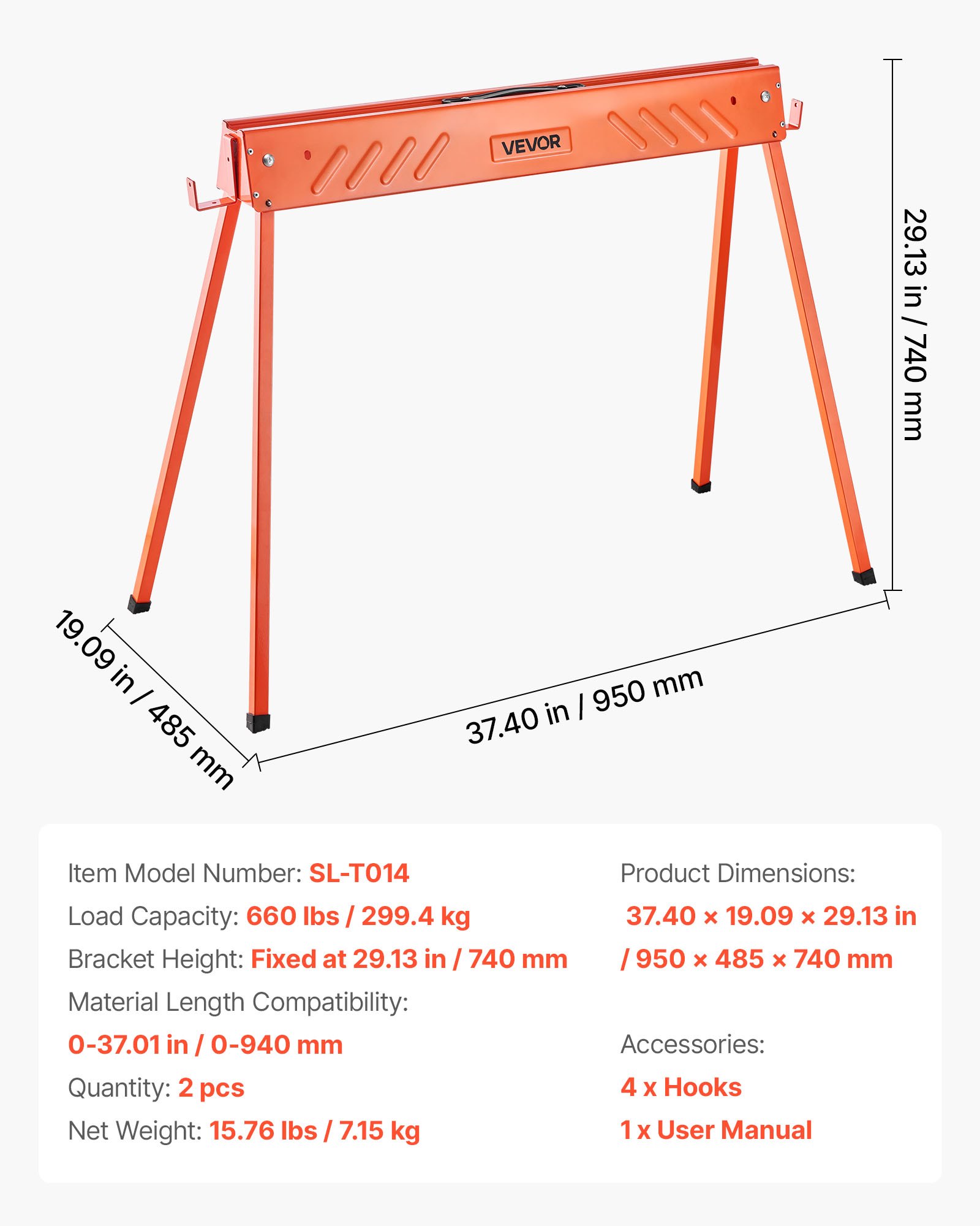 VEVOR Saw Horses, 2 Pack Folding Work Horses, 299.4 kg Load Capacity Sawhorse with Heavy Duty Legs, All-Metal Portable Saw Horse with Non-Slip Foot Pads, for Woodworking, Carpenters & Contractors