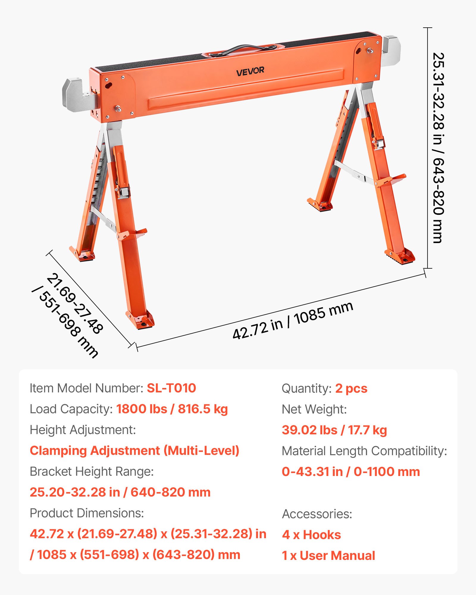 VEVOR Saw Horses, 2 Pack Folding Work Horses, 816.5 kg Load Capacity Sawhorse with Heavy Duty Legs, Adjustable Height Saw Horse with Non-Slip Foot Pads, for Woodworking, Carpenters and Contractors