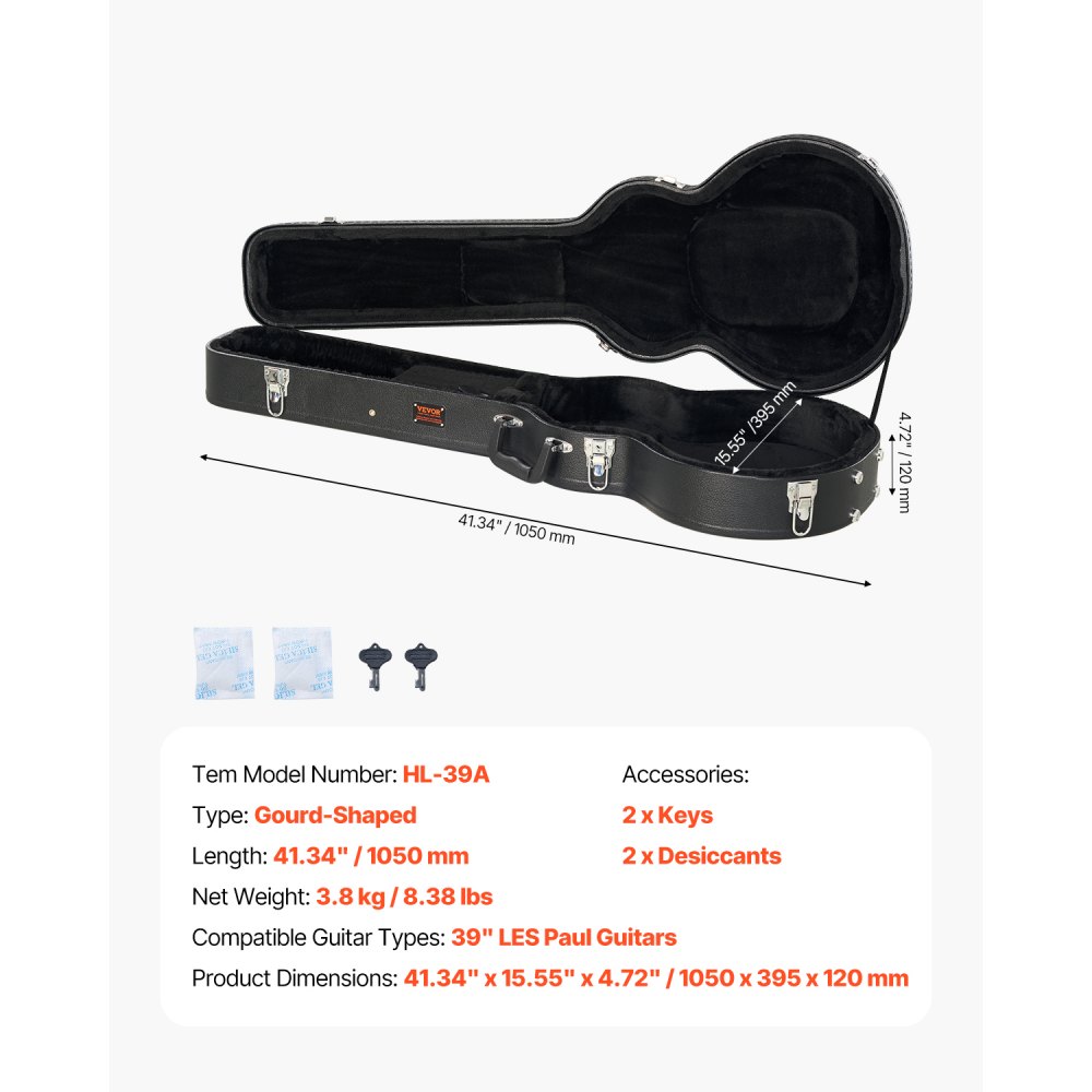 VEVOR Electric Guitar Hard Case, 41.34 in Gourd-Shaped Guitar Hard Case, With Lock Latch Keys Handle, PVC Padding Soft Lining Water-Resistant Hard Shell Guitar Case, for 39 in LES Paul Guitars, Black