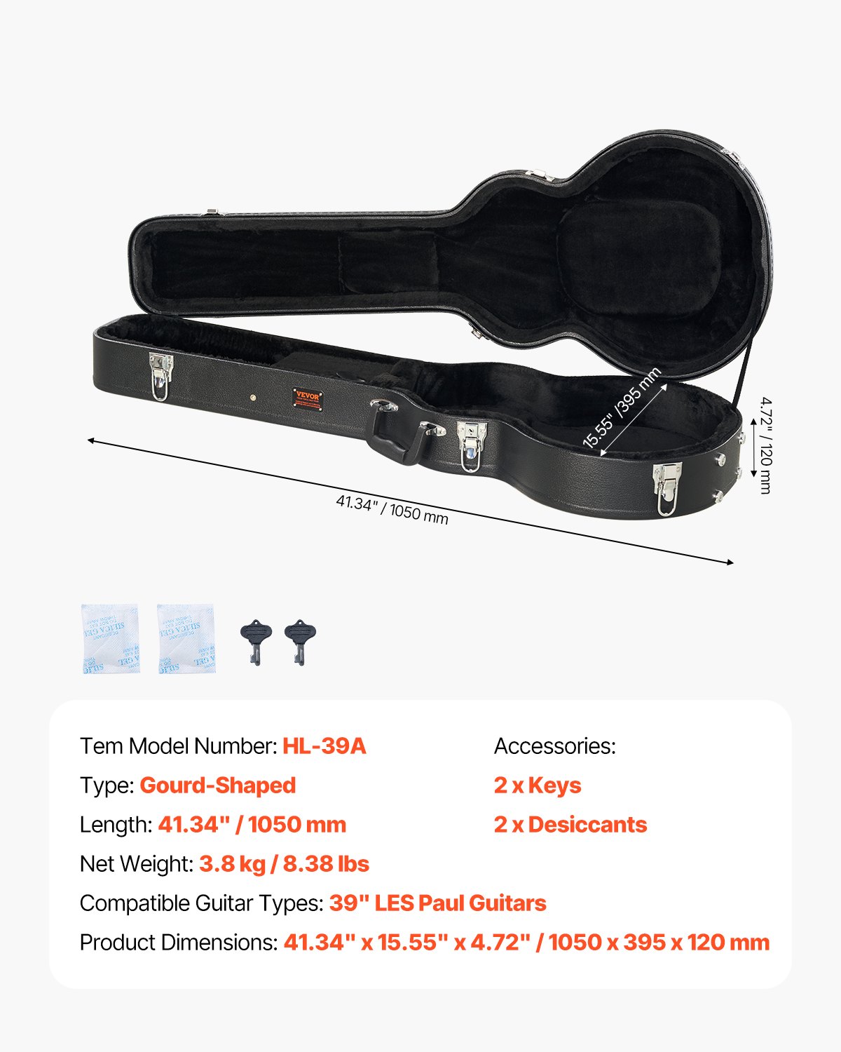 VEVOR Electric Guitar Hard Case, 1050 mm Gourd-Shaped Guitar Hard Case, With Lock Latch Key Handle, PVC Padding Soft Lining Water-Resistant Hard Shell Guitar Cases, for 990 mm LES Paul Guitars, Black
